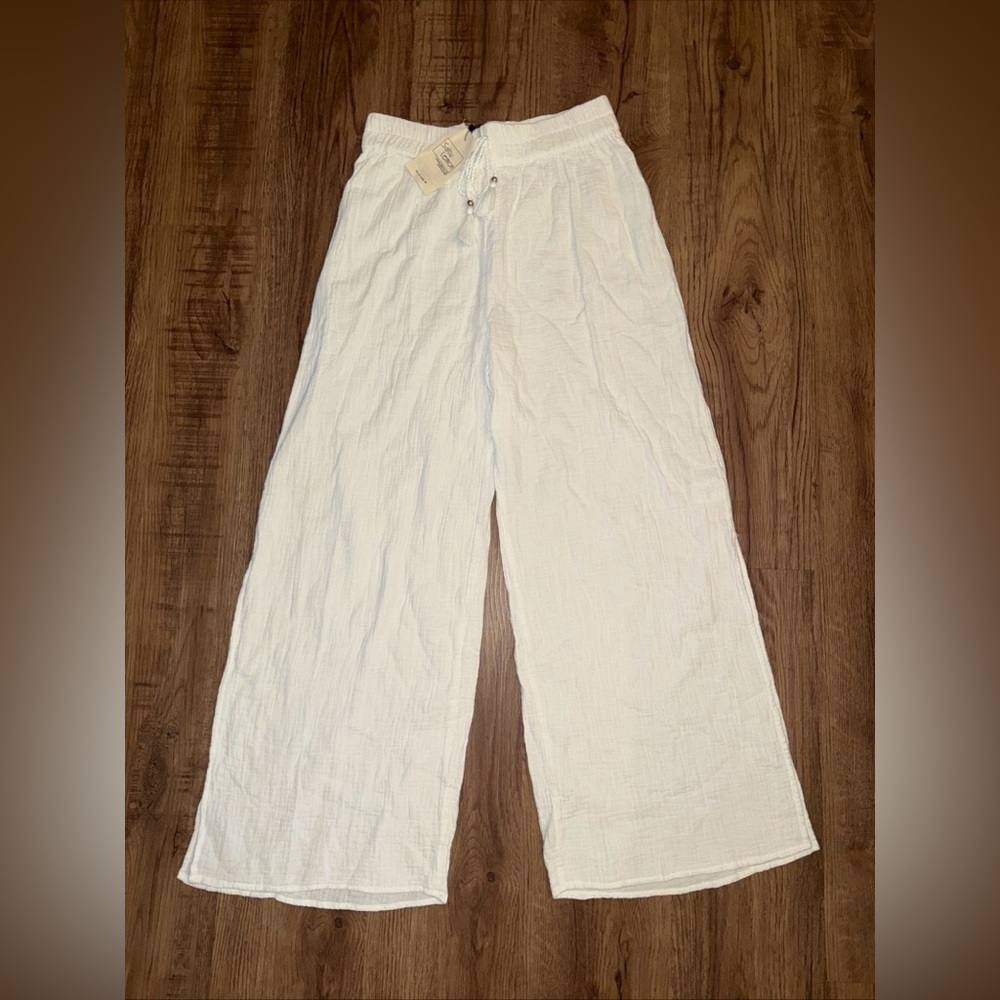 Salty Lemon White Womens M Gauze Coastal Boho Beach Flowy Wide Leg Pants New